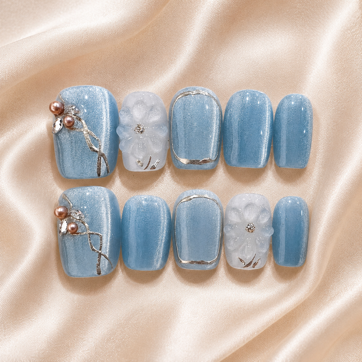 Ice Blue Pearl Mist– Small Press-On Nails