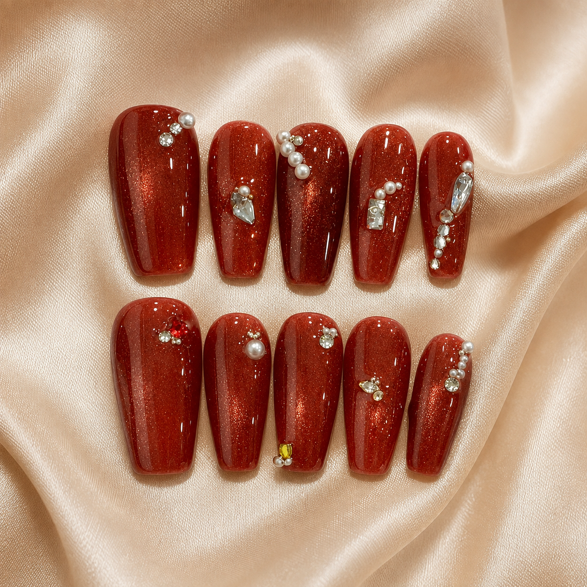 Ruby Pearl Cascade– Small Press-On Nails