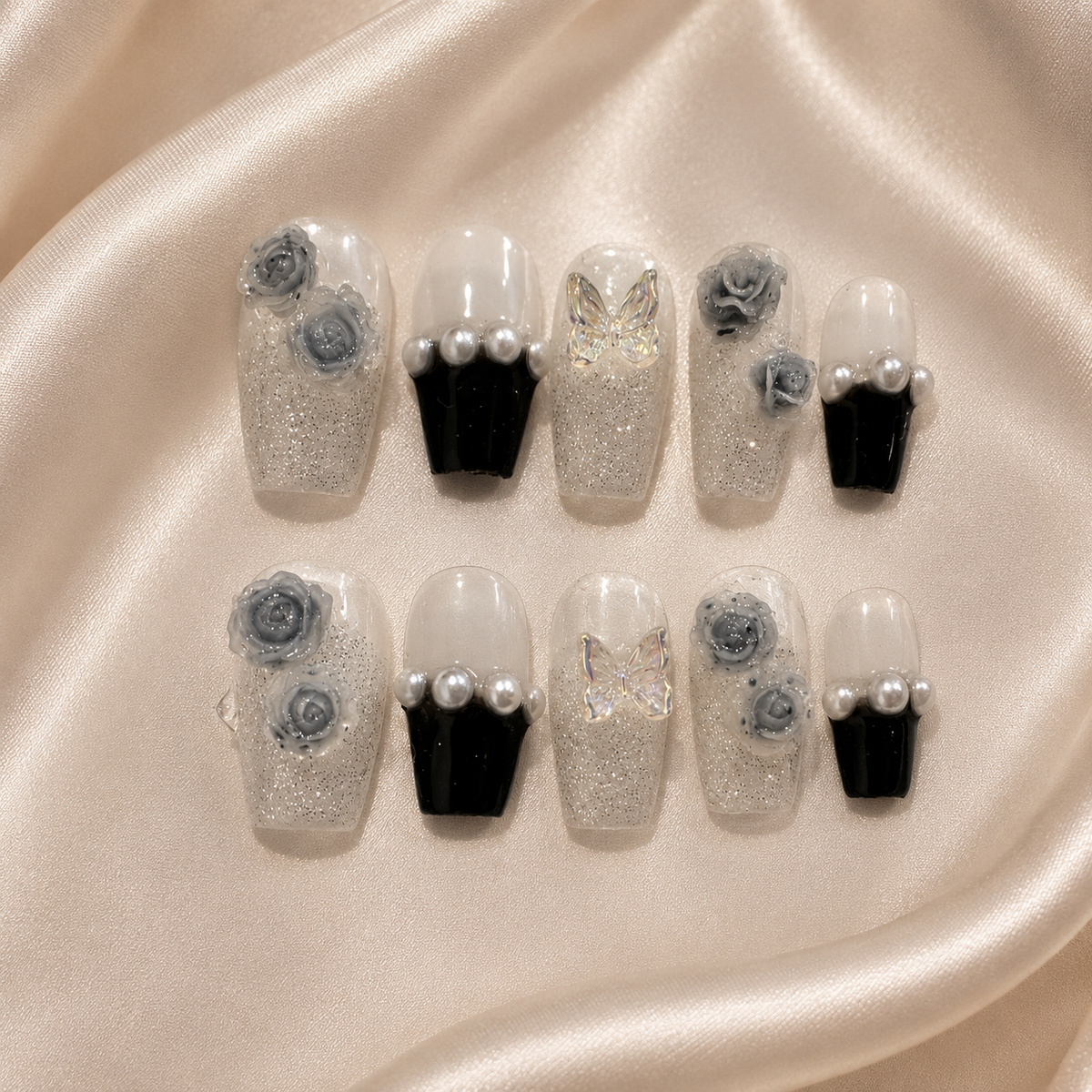 Silver Rose Noir – Small Press-On Nails